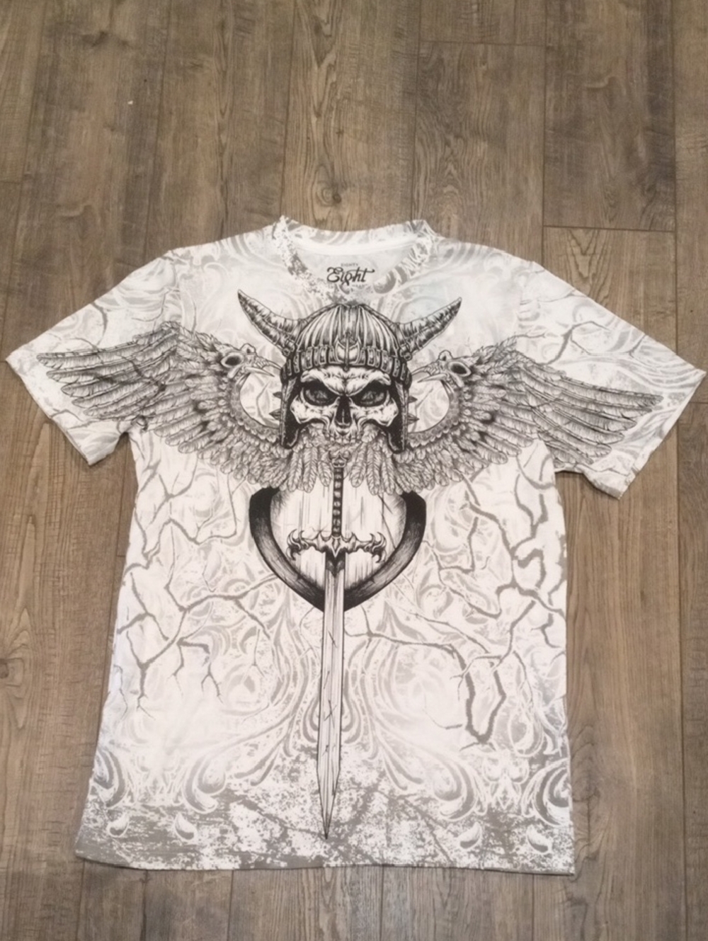 Eighty Eight White Short Sleeve Tee with Black Viking Skull, Wings & Sword